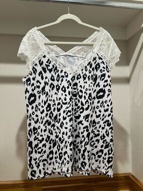 Lace-Trim Leopard Print Tank Top - White/Black